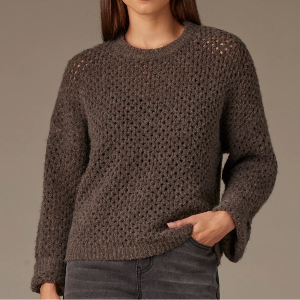 Wit & Wisdom Brown Crew Neck Sweater with Open-Knit Design